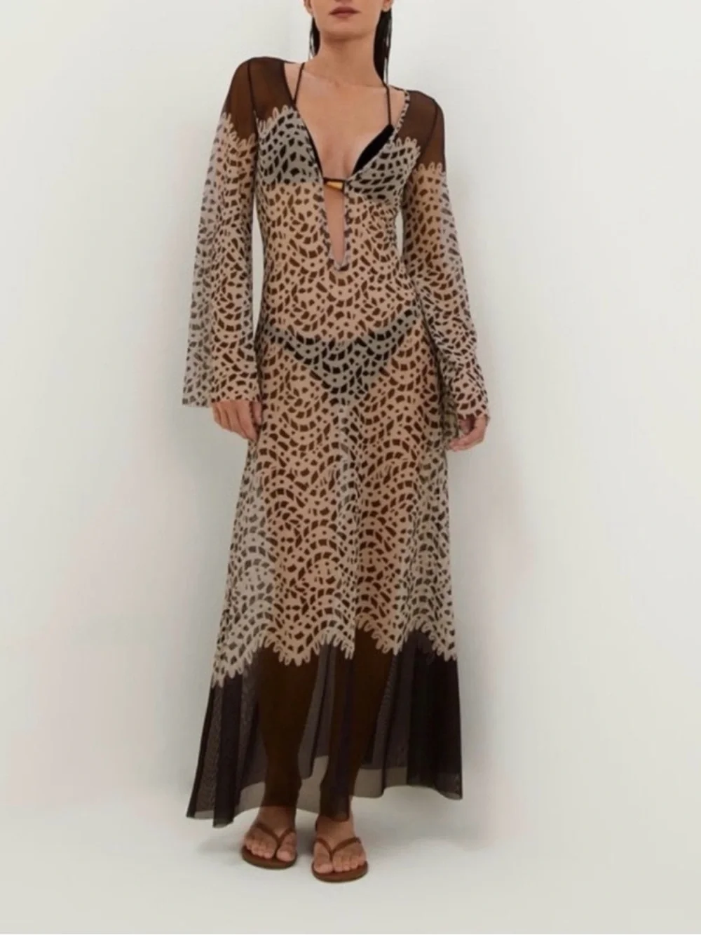 Leopard Print Sheer Maxi Dress in Brown and Cream